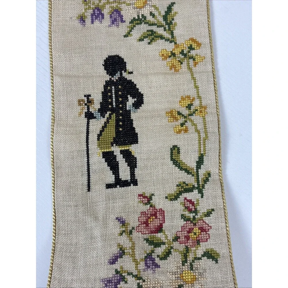 VTG Bell Pull Cross-Stitch Needlepoint Fabric Victorian Colonial Floral Couples